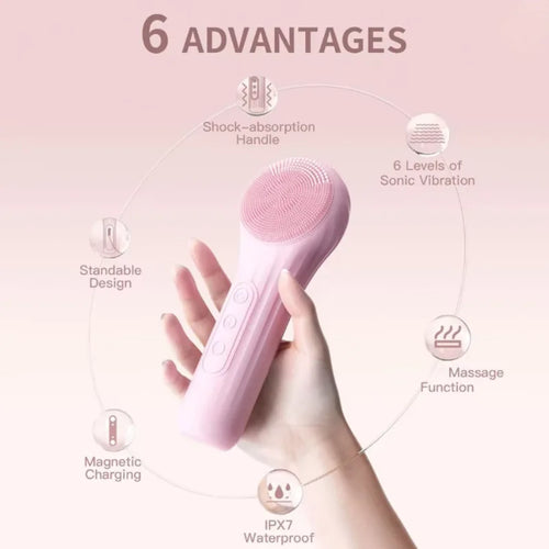 Sonic facial cleansing brush with soft silicone touch points